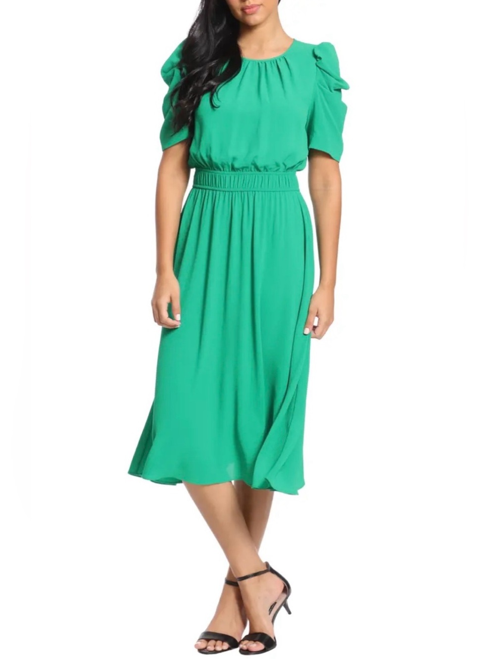 London Times Green Chiffon Puff Sleeve Dress